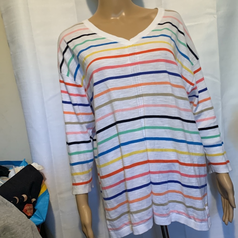 TALBOTS Crisp White Multicolor Stripe Knit Top.100%Soft Natural Cotton!Light-Wt. - Picture 2 of 9